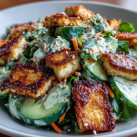 Golden, ultra-crispy tofu cubes sit atop cool cucumbers and carrots tossed in a creamy sesame-ginger dressing. 
