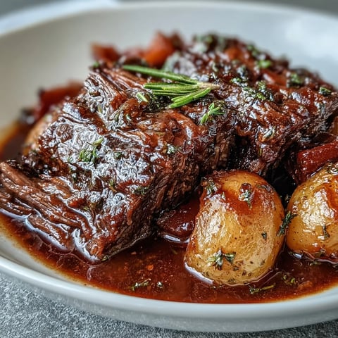 Golden brown beef pot roast surrounded by tender carrots, celery, and baby potatoes in rich gravy.