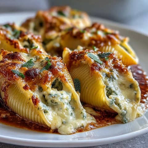 Golden, bubbly Pumpkin & Gouda Stuffed Shells baked in a rich brown butter sage Alfredo sauce.
