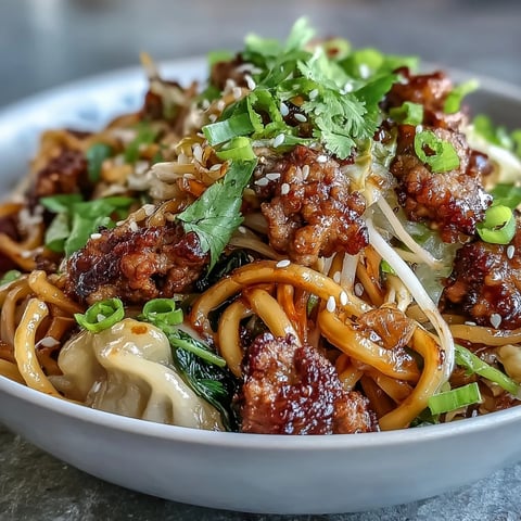 Golden brown, seasoned pork sits atop tender rice noodles in a savory potsticker sauce, with crisp cabbage and carrots. Fresh herbs and sesame seeds garnish this Asian fusion bowl.