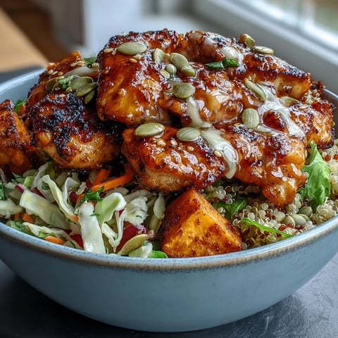 A vibrant Hot Honey Chicken Bowl features golden roasted sweet potatoes, spiced chicken, fluffy quinoa, and crunchy red cabbage slaw with a tangy dressing.