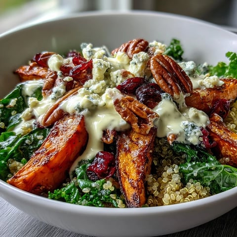 Roasted sweet potatoes and fluffy quinoa top this vibrant Harvest Kale Quinoa Bowl, finished with tangy lemon tahini dressing.