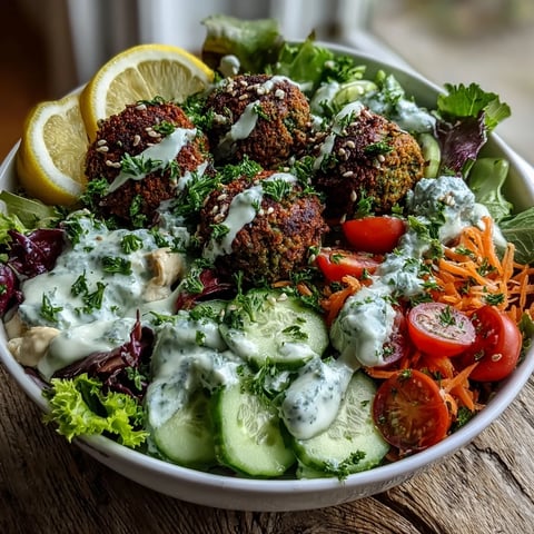 Crispy falafel balls rest on creamy hummus and tangy tzatziki, topped with fresh greens and a drizzle of tahini sauce.
