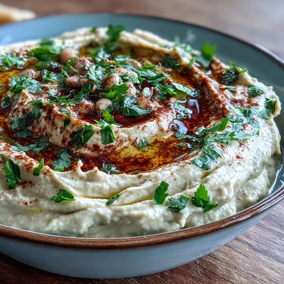 Creamy black-eyed pea hummus is topped with smoked paprika and fresh parsley in a rustic bowl.