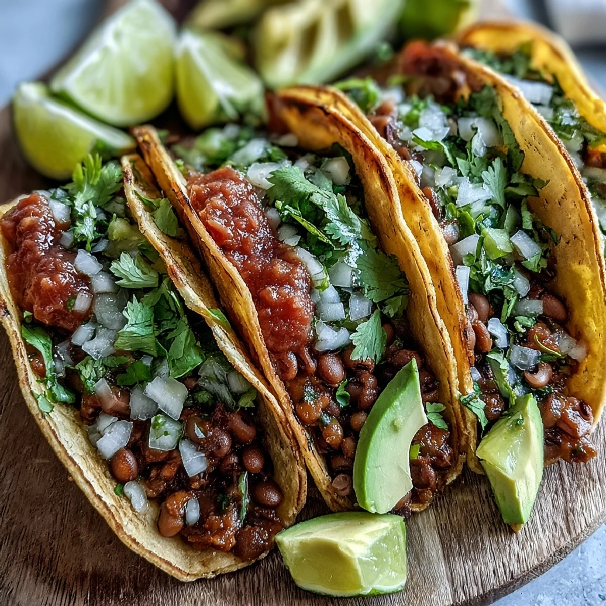 Freshly mashed black-eyed peas with cumin and paprika are spooned into warm corn tortillas for Black-Eyed Pea Tacos, topped with chopped cilantro and white onion.