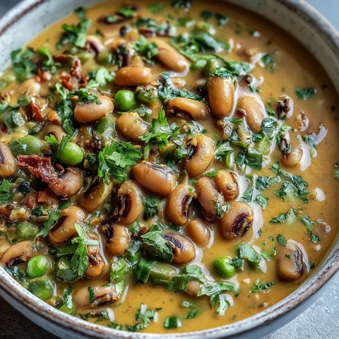 Creamy Black-Eyed Pea Curry simmering with turmeric, served over fluffy basmati rice and topped with fresh cilantro garnish.