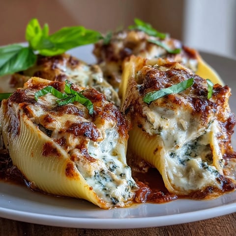 Golden-baked Pesto Lasagna Stuffed Shells topped with fresh basil in a white dish.