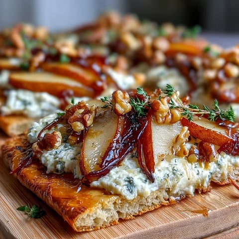 A close-up of Goat Cheese & Pear Flatbread with Hot Honey, golden crust, creamy cheese, caramelized onions, and fresh thyme, served warm on a cutting board.