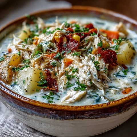 Creamy Ranch Chicken Veggie Soup steams in a bowl with fresh parsley and chives garnish.