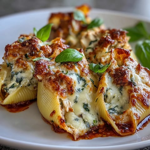 Golden-brown Pesto Lasagna Stuffed Shells emerge from the oven, brimming with creamy ricotta, shredded chicken, and basil pesto in a rich tomato sauce.