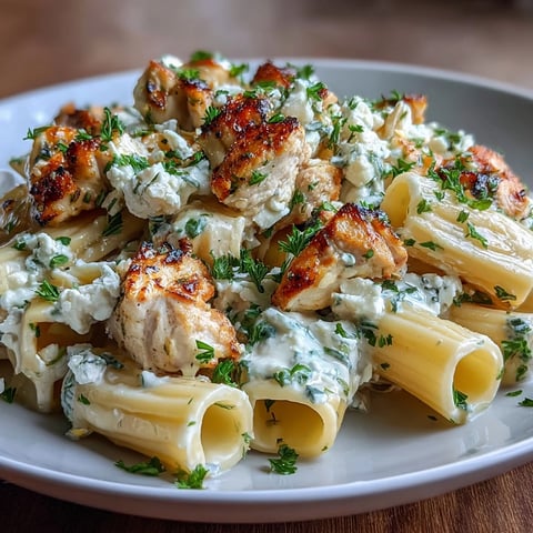 Bright and colorful overhead shot of Creamy Lemon Feta Chicken Pasta plated with fresh parsley and lemon slices.