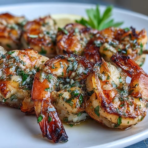 Juicy shrimp on skewers with a zesty lemon-herb marinade, lightly charred from the grill and garnished with fresh parsley.