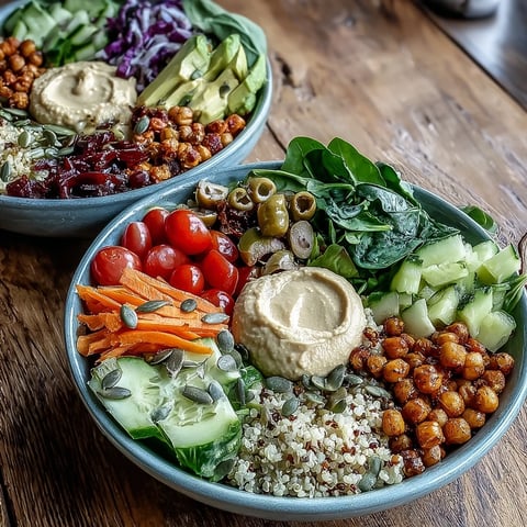 Creamy roasted red pepper hummus tops vibrant quinoa bowls with fresh cucumbers and avocado slices.