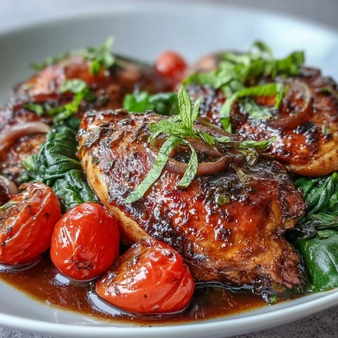 Golden brown One-Pan Balsamic Chicken with tomatoes and fresh spinach garnished with basil.