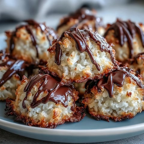 Golden-baked Vegan Coconut Macaroons with Dark Chocolate Drizzle arranged on a cooling rack, showing chewy coconut texture and rich chocolate pooling on the edges.