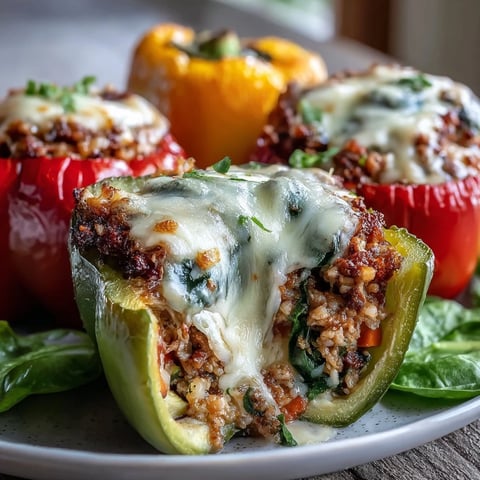 Golden-brown, cheese-topped Turkey and Veggie Stuffed Bell Peppers fresh from the oven, served on a rustic wooden table.
