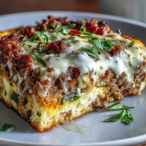 Freshly baked Keto Sausage and Egg Breakfast Bake with Peppers in a white dish, garnished with parsley.