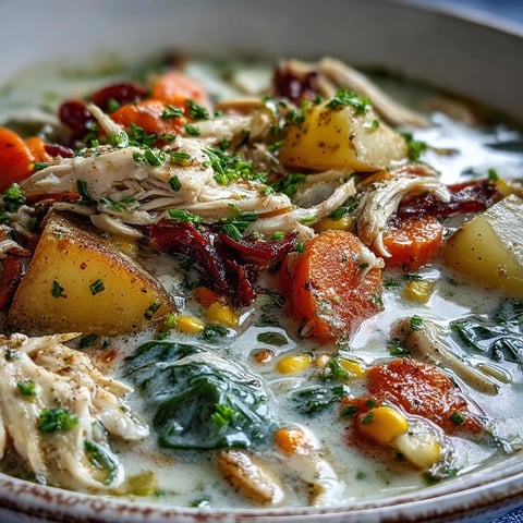 Creamy Ranch Chicken Veggie Soup steams in a rustic bowl, topped with fresh parsley and chives. Perfect cozy meal.