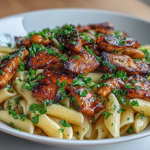 Creamy honey pepper chicken pasta with tender chicken strips, al dente penne, and a glossy sweet-spicy sauce in a skillet.  