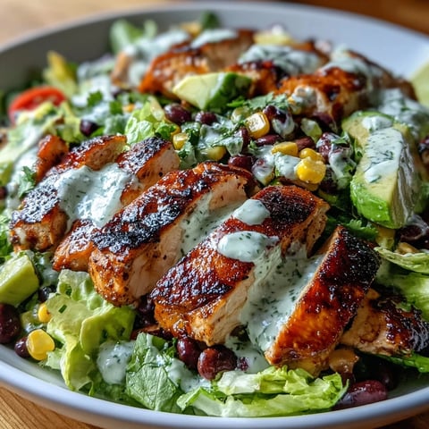 High Protein Southwest Chicken Salad with grilled chicken, black beans, and zesty lime-cilantro dressing in a colorful bowl.  