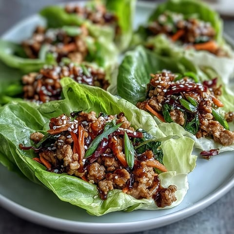Fresh lettuce wraps filled with savory turkey stir-fry, crisp vegetables, and ginger-soy sauce, garnished with sesame seeds.  