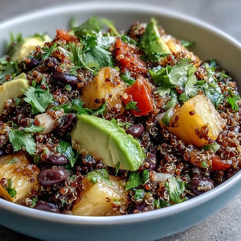 A vibrant bowl of tropical quinoa salad with juicy pineapple chunks, black beans, and fresh cilantro, dressed in zesty lime vinaigrette.