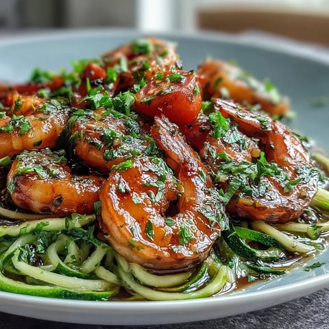 Skinny Shrimp Scampi with Zucchini Noodles: succulent shrimp sautéed in garlic lemon sauce, tossed with fresh zucchini noodles for a healthy twist.  