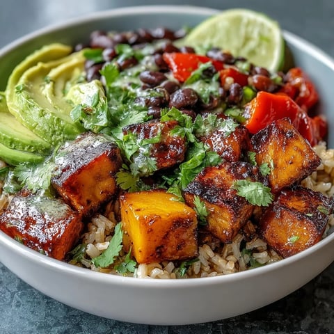 Vibrant mango and black bean brown rice fiesta bowls bursting with fresh veggies, creamy avocado, and zesty lime dressing for a wholesome, tropical meal.  