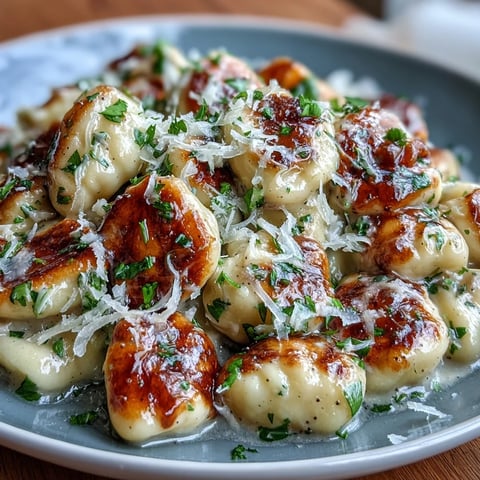 Creamy truffle-butter gnocchi with golden potato dumplings in a rich, aromatic sauce, topped with delicate Parmesan shavings for a luxurious vegetarian meal.