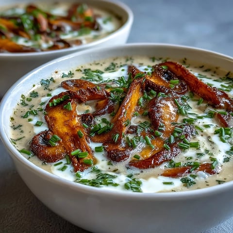 Velvety Creamy Mushroom & Cardamom Soup with golden sautéed mushrooms and a swirl of fresh cream, served in a rustic white bowl.