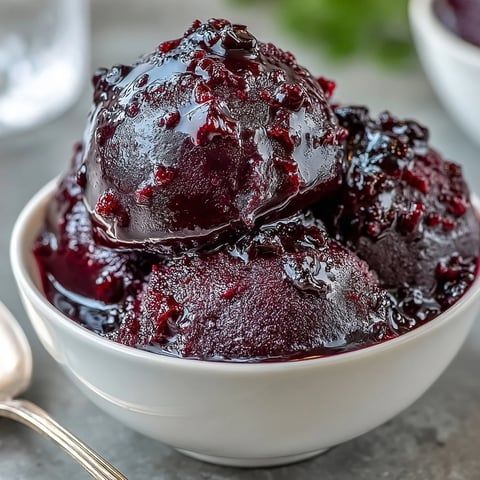 Vibrant black currant and gin sorbet in a chilled glass, garnished with fresh berries and mint for an elegant summer dessert.  
