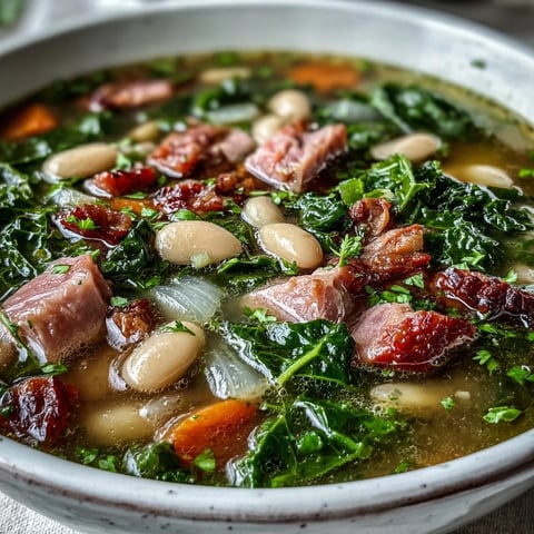 A steaming bowl of ham and kale white bean soup with tender ham chunks, creamy beans, and vibrant kale in a savory broth.