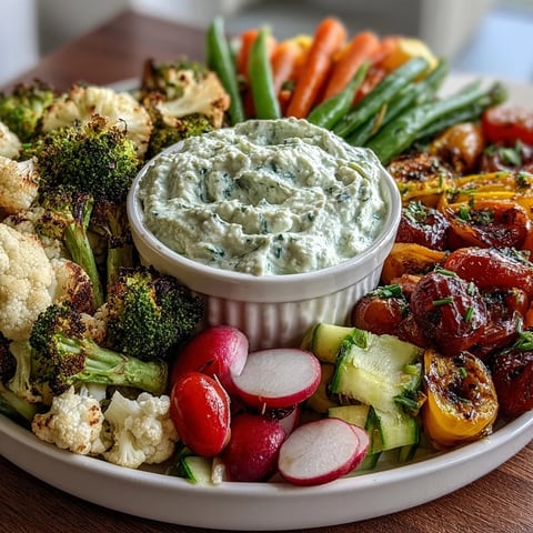 Little Sprout Veggie Platter with Green Goddess Dip: colorful array of fresh vegetables served with creamy, herb-infused dip on a rustic wooden board.  