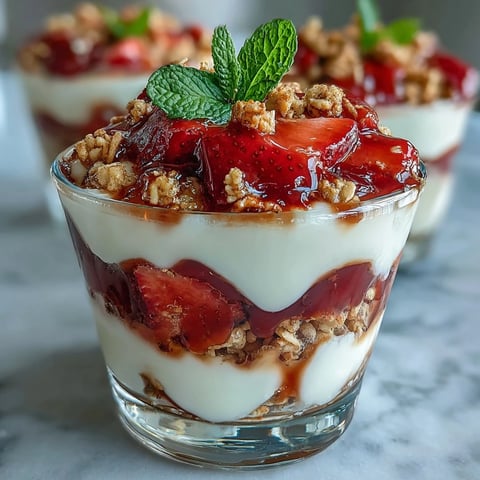 Layered strawberry yogurt parfaits in shot glasses with fresh berries, creamy Greek yogurt, and crunchy granola for a delightful bite-sized dessert.  