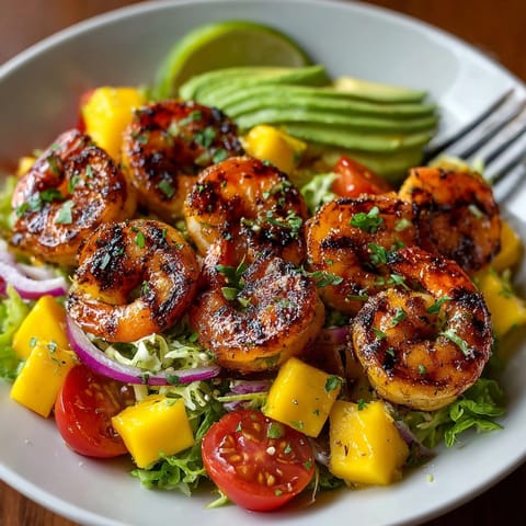 Succulent grilled shrimp and mango salad; a refreshing, light summer lunch recipe idea.