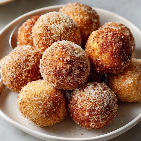 Homemade Hot Apple Cider Donut Holes, fresh from the air fryer, spiced and sweet.