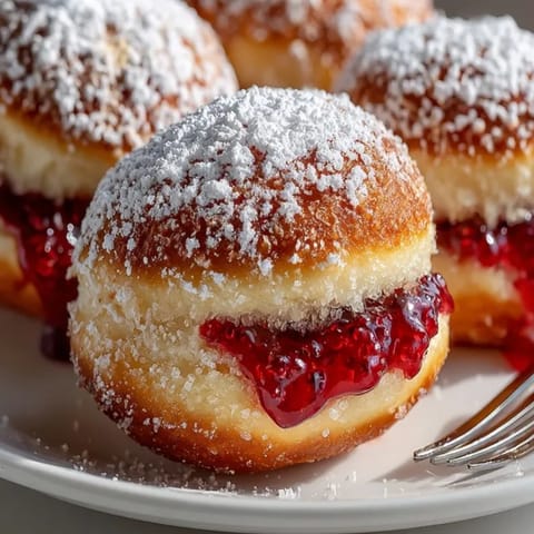 Close-up of homemade baked Sufganiyot, showcasing a jam-filled center and powdered sugar finish.
