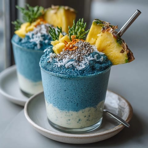Layered Erewhon Coconut Cloud Smoothie showing dreamy blue and white layers in serving glasses.
