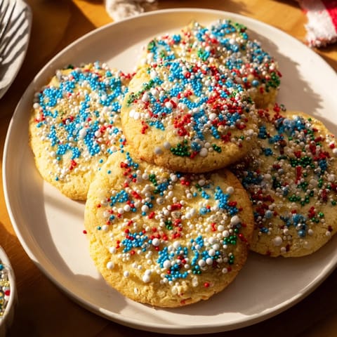 Soft and buttery Festive Hanukkah Sprinkle Christmas Cookies freshly baked and vibrant with sprinkles.  