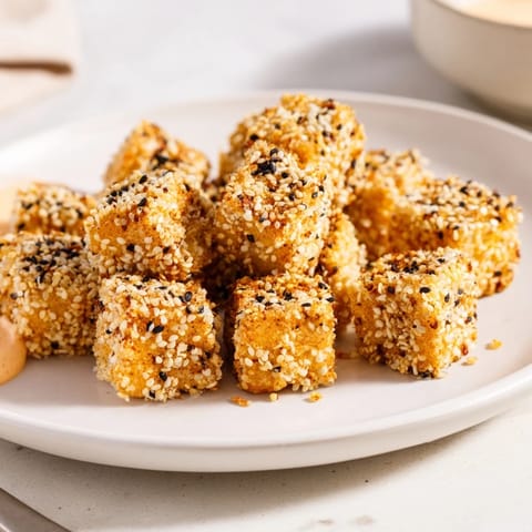 Golden, crispy tofu bites served with spicy dipping sauce for a flavorful appetizer.  