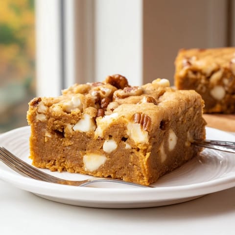 Decadent Maple Bourbon Pumpkin Blondies served warm, drizzled with cream or ice cream.  
