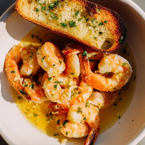 Delicious shrimp scampi bowls drizzled with buttery sauce alongside golden garlic bread.  