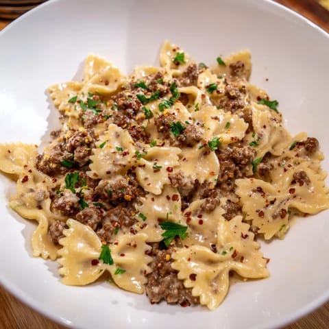 Beef and Bowtie Alfredo Pasta