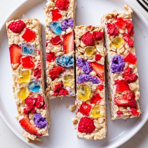 Homemade gummies and crunchy freeze-dried fruits atop a wholesome oat base snack bar.  