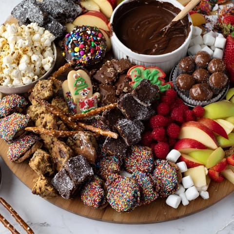Festive dessert boards featuring assorted snacks, fruits, and vibrant edible glitter.  