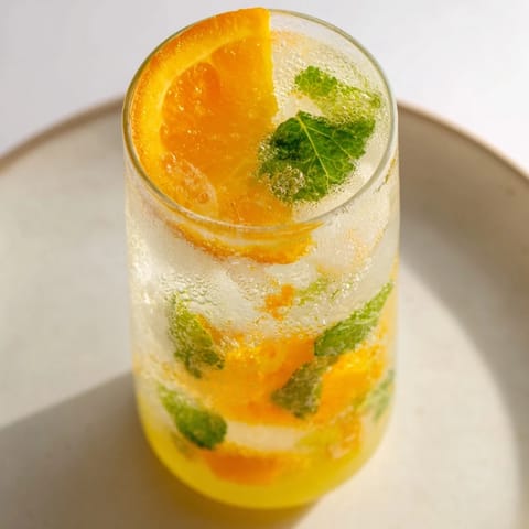 Colorful probiotic soda mocktail displaying fizzy layers of citrus and fresh mint leaves.  