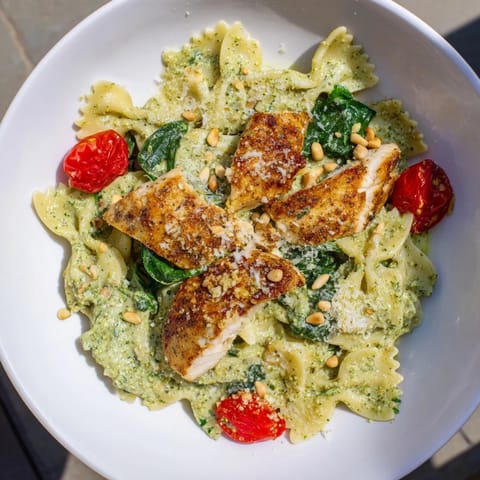 Warm bowl of pesto chicken bowtie pasta, generously topped with Parmesan and fresh basil.