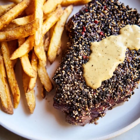 Juicy Classic Peppercorn Ribeye with a peppercorn crust, served with a side of perfectly crisp, seasoned fries.