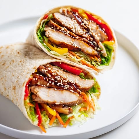 Perfectly rolled teriyaki chicken wrap ready to eat, with visible tender chicken pieces and textures.