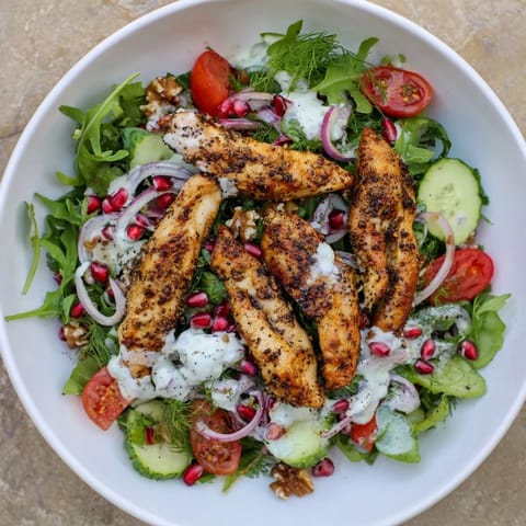 Sliced Holiday Black Pepper Chicken & Yogurt Salad atop vibrant greens and red bell peppers, a festive meal.